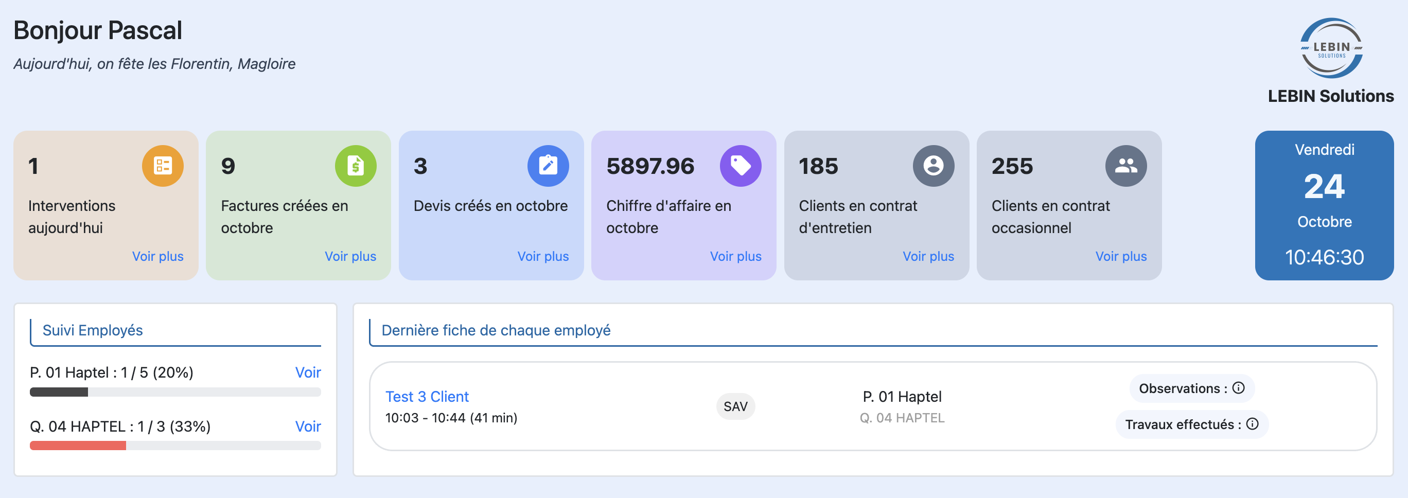 Capture d'écran du tableau de bord LEBIN