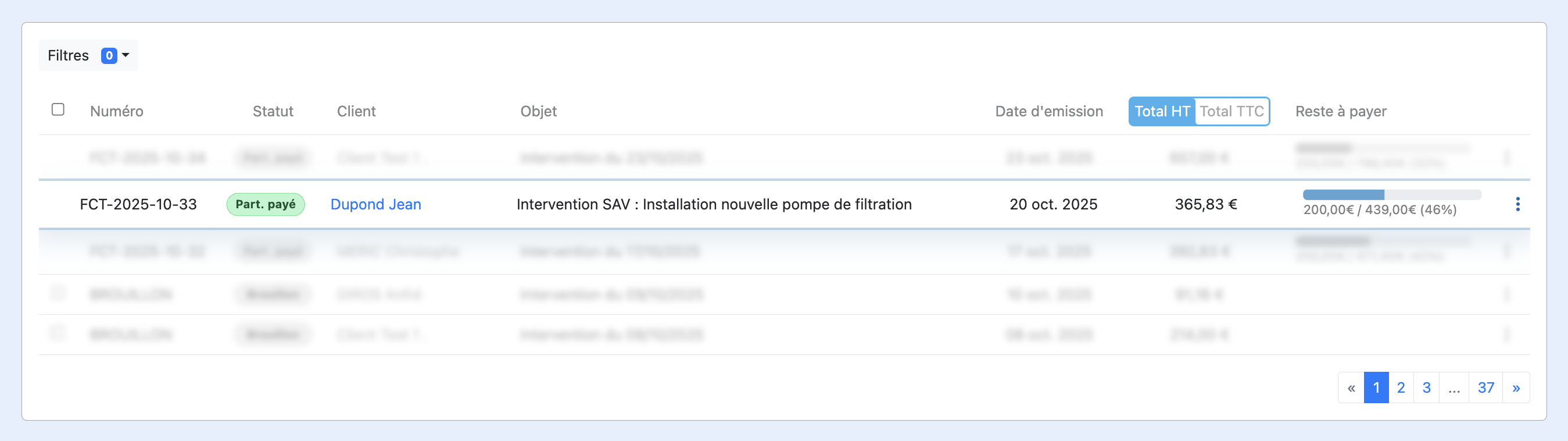 Capture d'écran de la facturation LEBIN